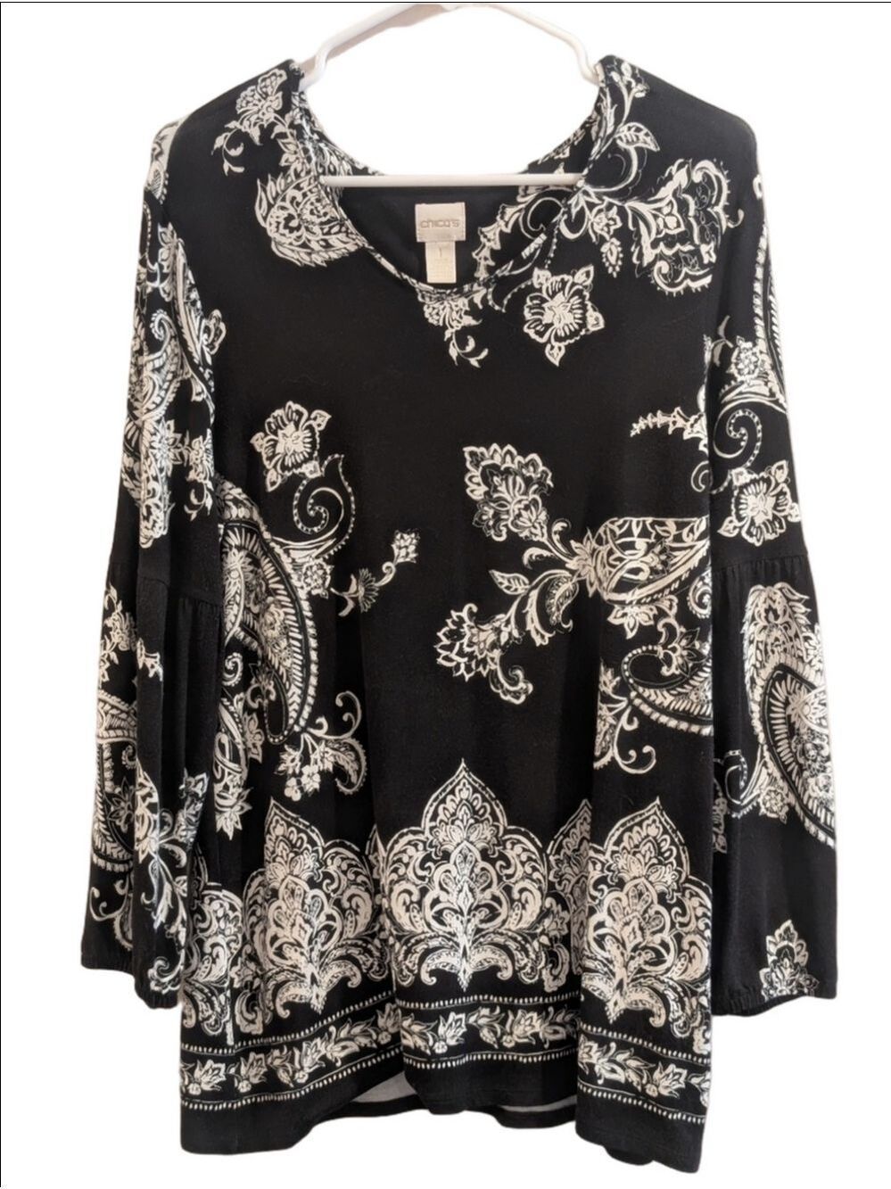 Chicos Black White Paisley Tunic Top Long Sleeve Size Small